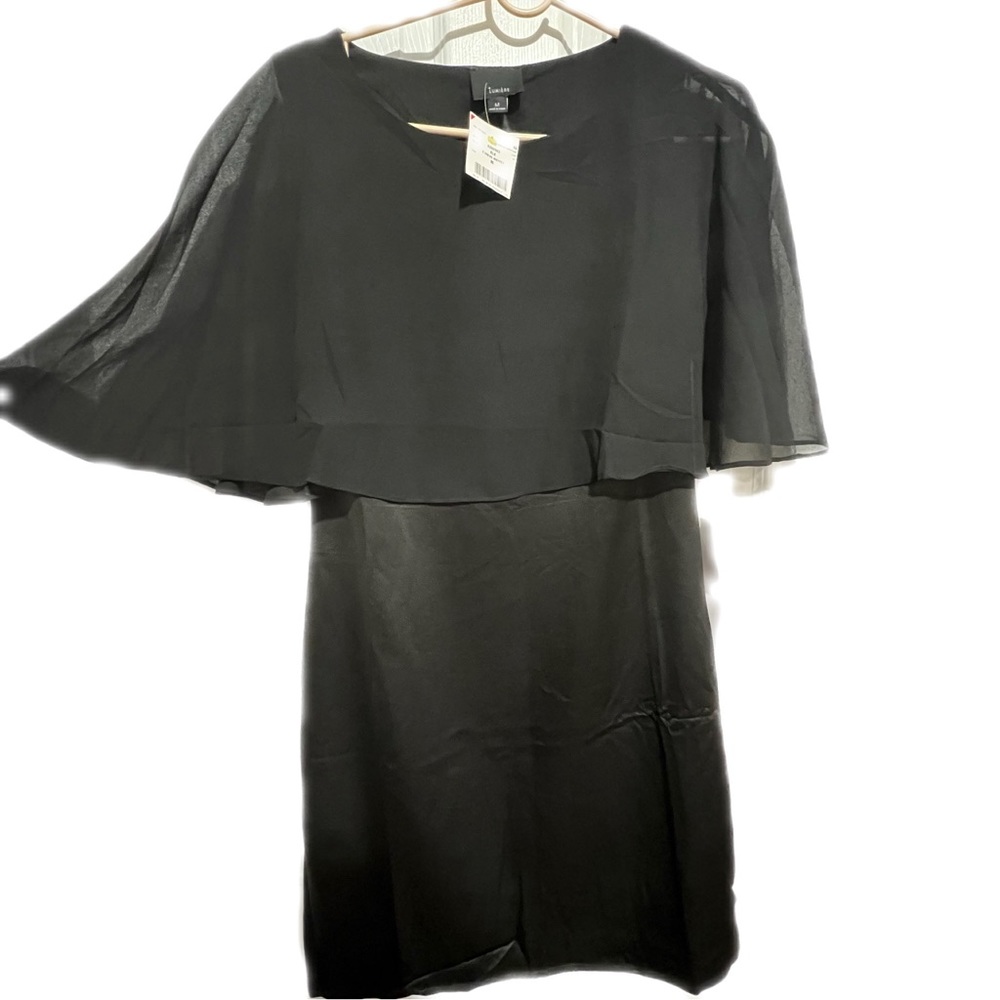Brand new, never worn/ black satin mini dress with sheer cape bell sleeve on top